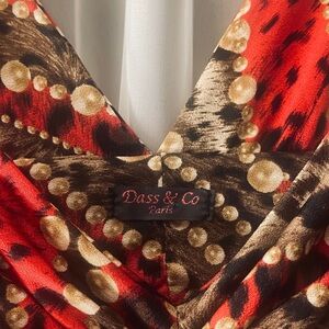 V neck red and brown dress